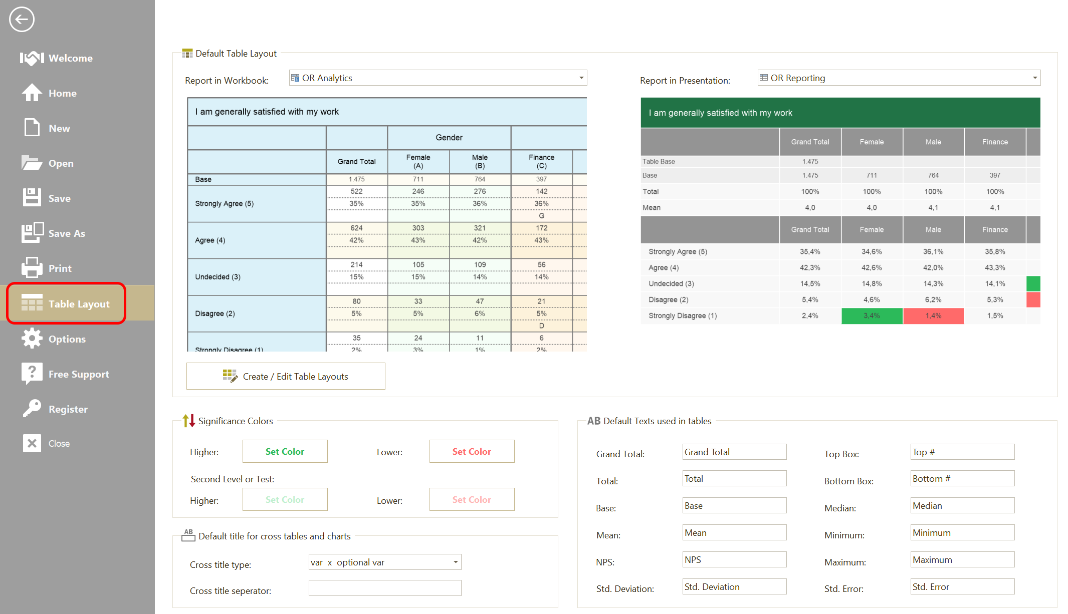 Table Layout Settings