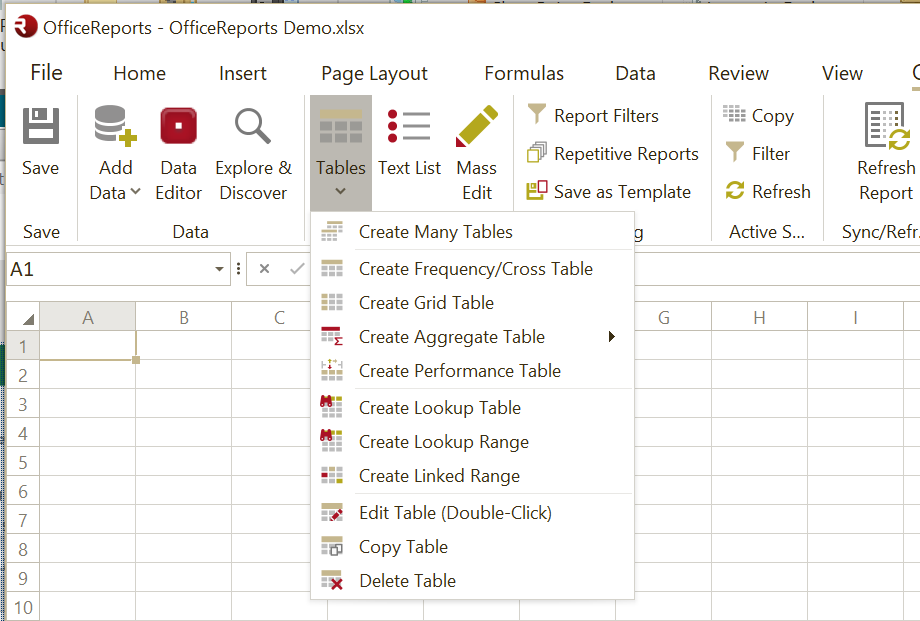 Tables menu in the OfficeReports Ribbon Tab